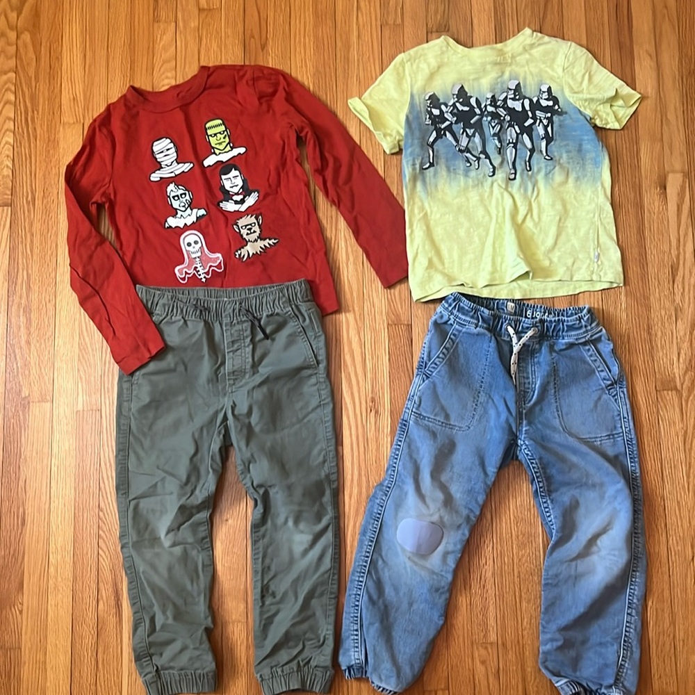Gap jogger jeans, jogger chinos, Halloween and Star Wars shirts, size small/6
